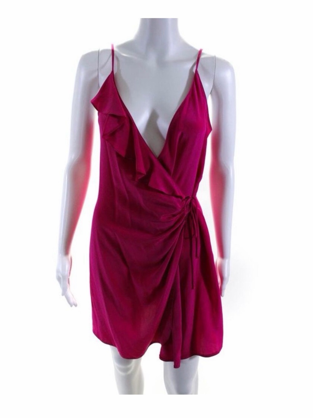 Rory Beca Womens Spaghetti Strap Ruffled V Neck Mini Wrap Dress Hot Pink Size S